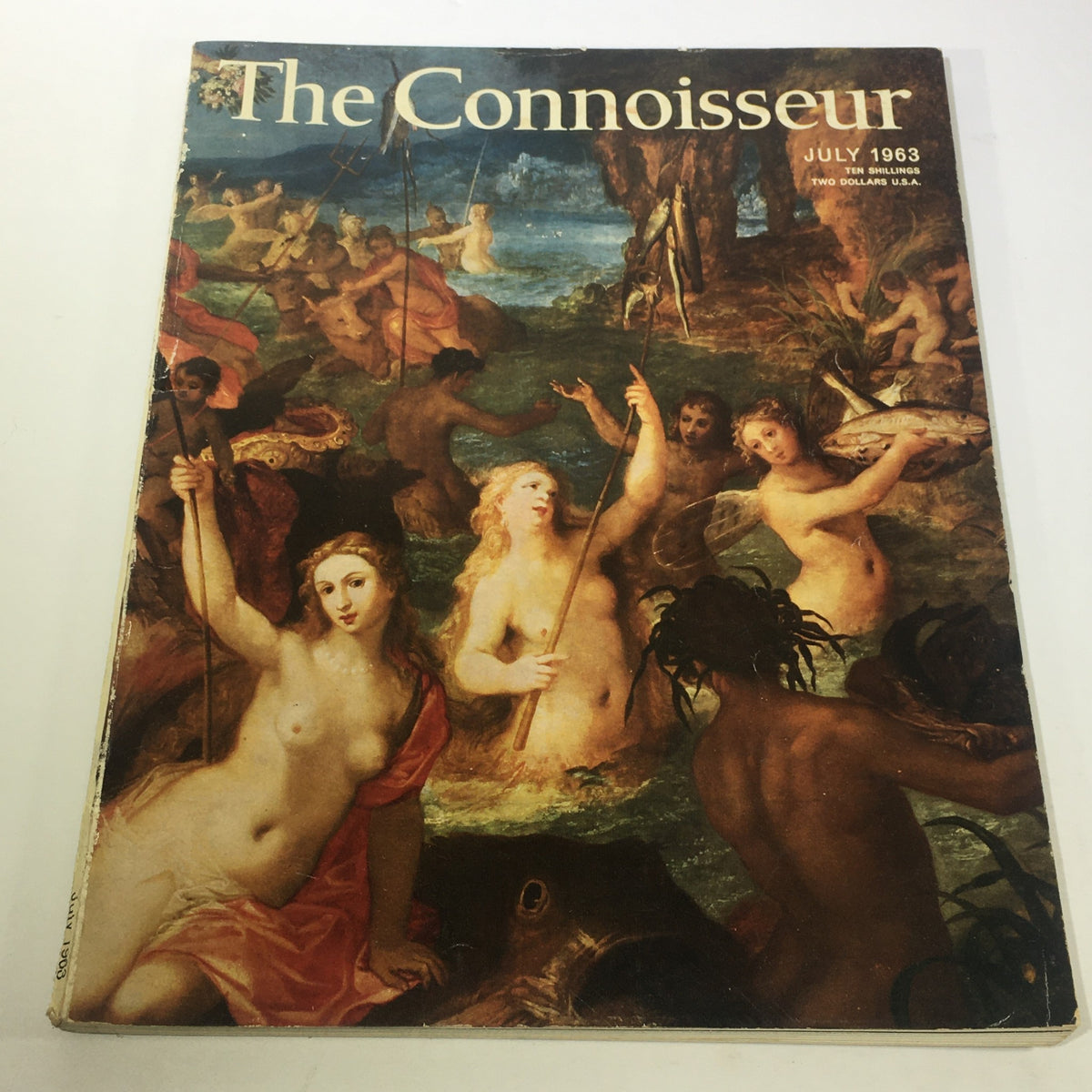 Vintage The Connoisseur Magazine cover from July 1963, Volume 153, No. 617, featuring a detailed art painting with classical themes, showcasing female figures and a vibrant natural landscape.