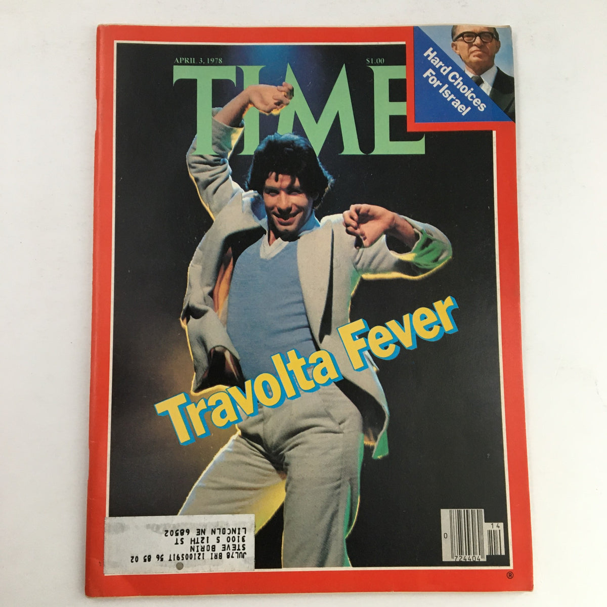 Time Magazine April 3 1978 featuring John Travolta on the cover with the title 'Travolta Fever', highlighting Israel's hard choices, an essential collectible from the late 1970s.