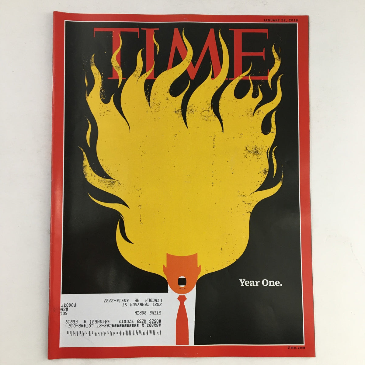 Time Magazine January 22 2018 cover featuring Donald Trump with exaggerated flame-like hair, titled 'Year One', capturing the political climate of Trump's first year in office.