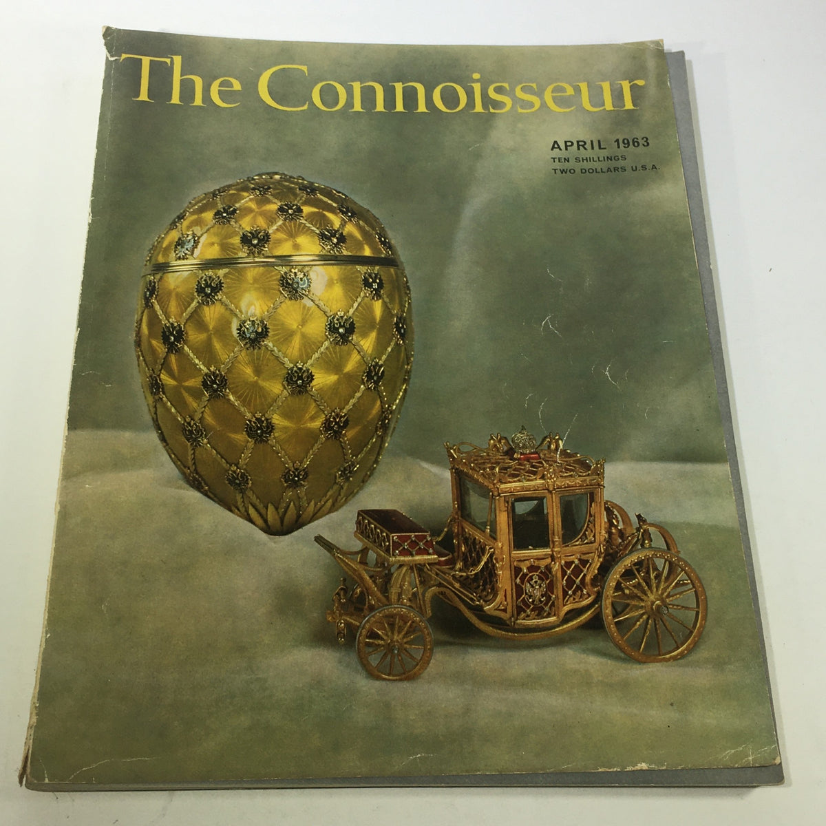 VTG The Connoisseur Magazine April 1963 Cover featuring a golden egg and a vintage carriage, showcasing the elegance of 1960s art and design.
