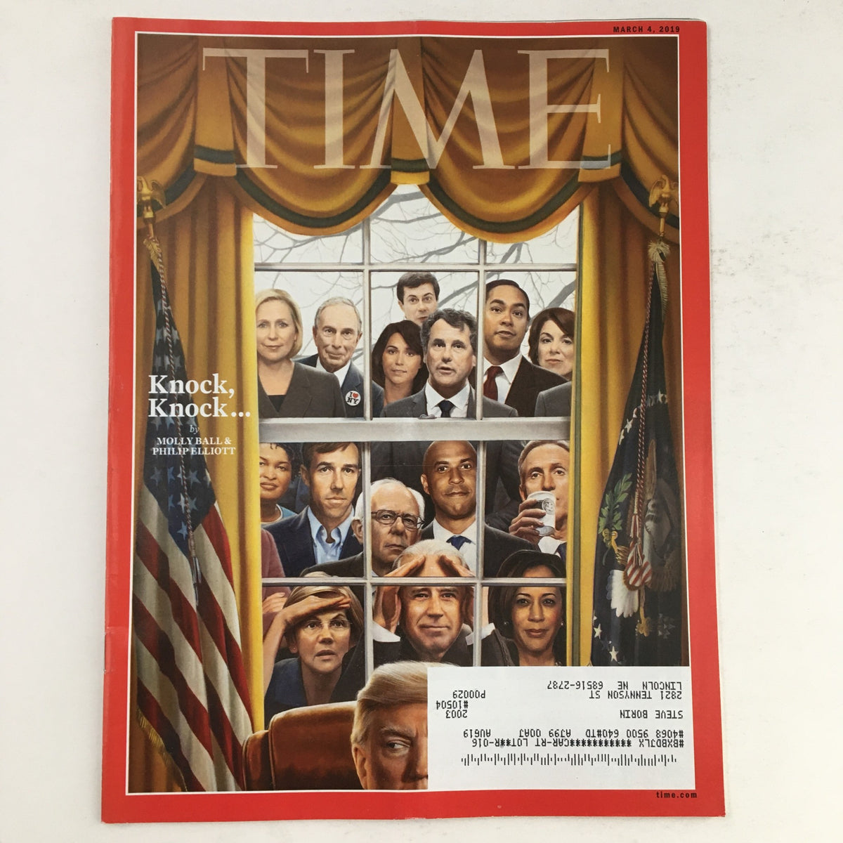 Cover of Time Magazine March 4 2019 featuring Politicians Knock Knock at Donald Trump's Office, showcasing a collage of political figures.