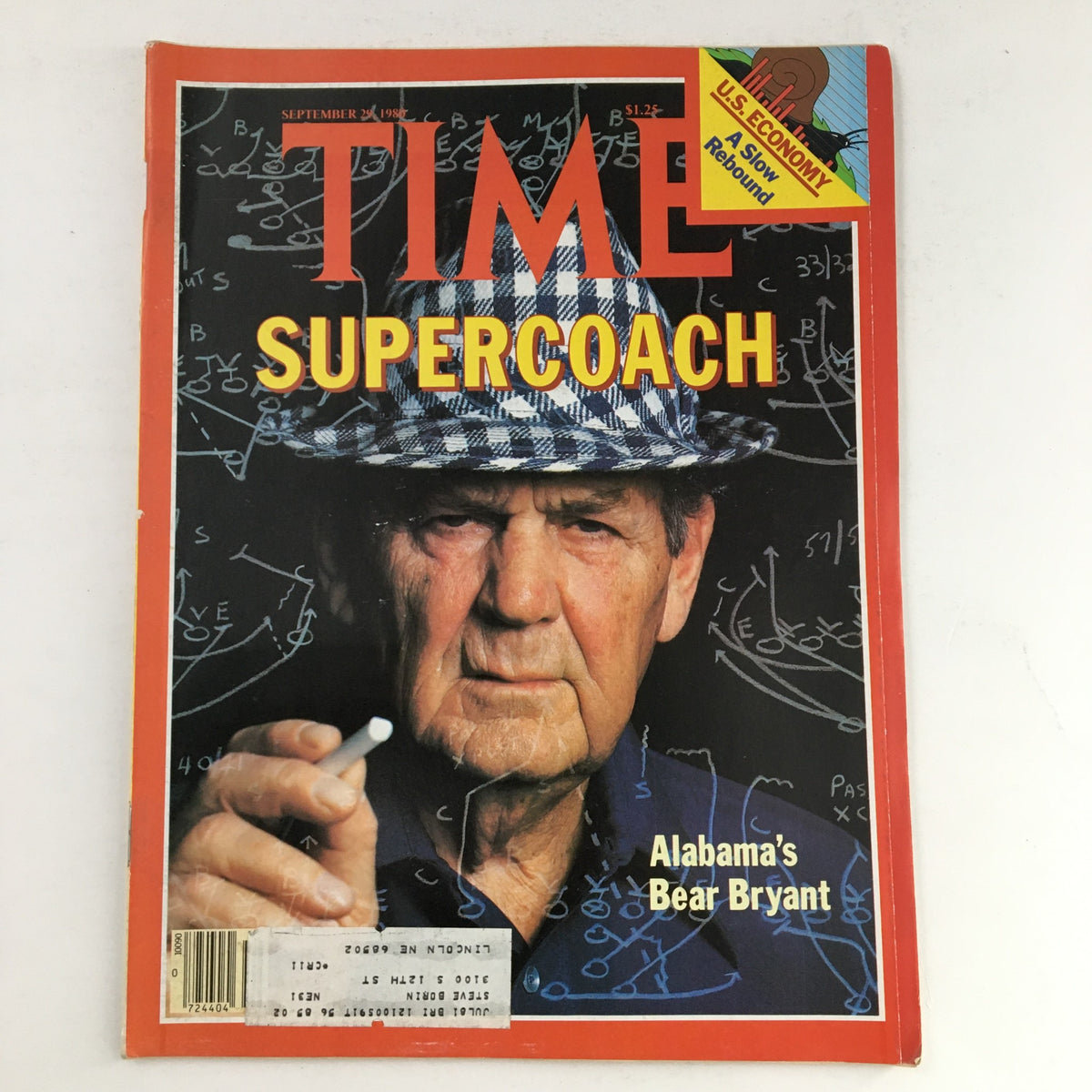 Time Magazine September 29, 1980 cover featuring Alabama's Bear Bryant as Supercoach, showcasing the legendary football coach with a serious expression and a checkered hat, surrounded by diagrams and notes.