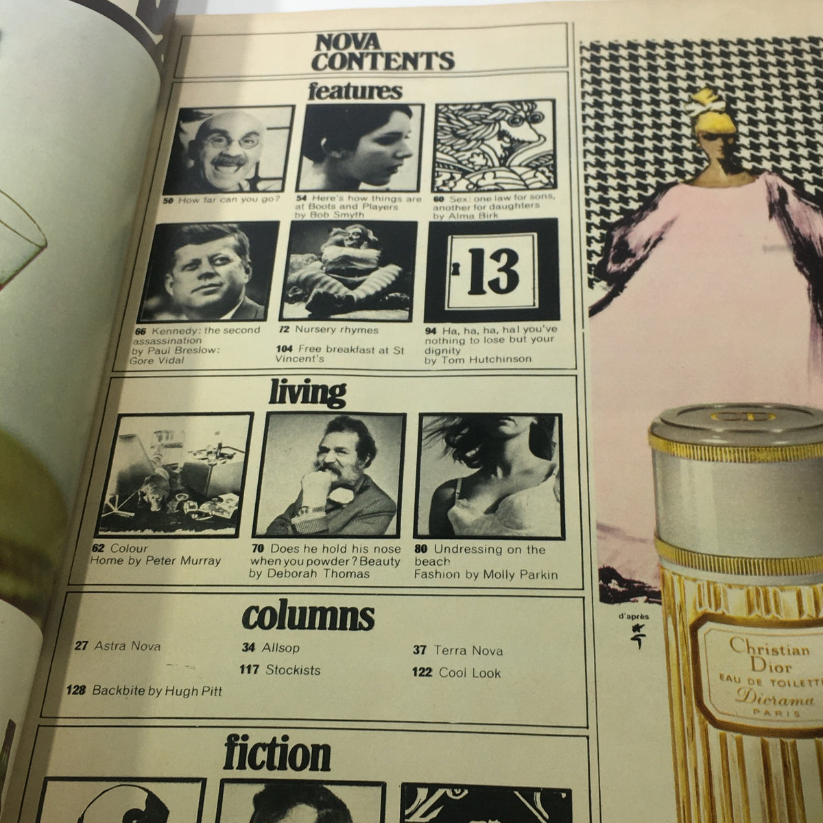 Contents page of the vintage Nova Magazine June 1967 featuring an outline of articles including coverage of the John F. Kennedy assassination.