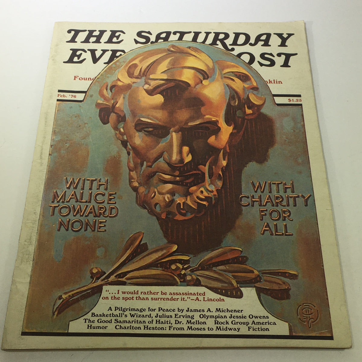 Cover of the VTG Saturday Evening Post Magazine from February 1976, Volume 248, No. 1, featuring a striking depiction of Abraham Lincoln with the quotes 'With Malice Toward None' and 'With Charity for All'. The magazine showcases vintage American culture and history.
