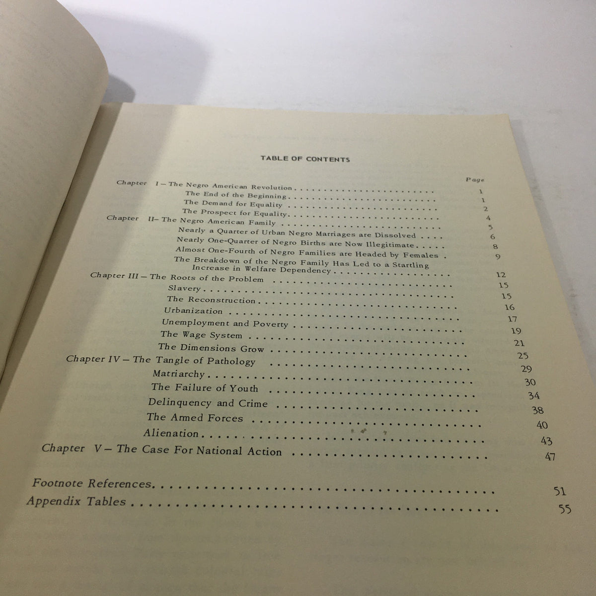 Table of contents from 'VTG The Case For National Action: March 1965' magazine highlighting chapters on the Negro American Revolution and civil rights topics, reflecting key issues of the 1960s.