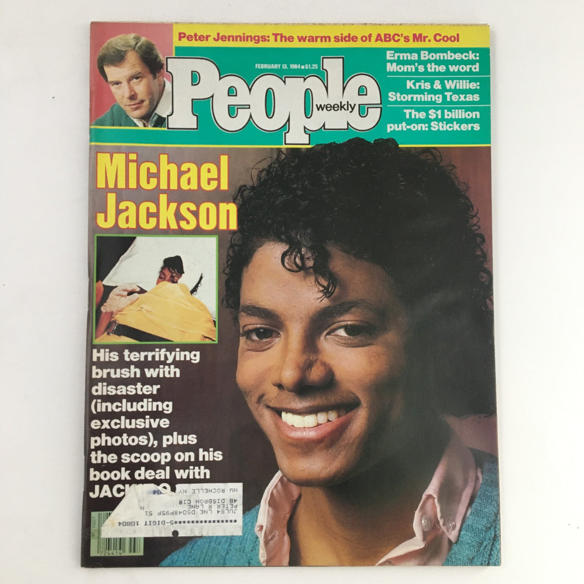 Cover of People Weekly Magazine dated February 13, 1984, featuring Michael Jackson with a bright smile, highlighting a story about his brush with disaster and exclusive photos. Accompanying text mentions Peter Jennings and includes the magazine's title prominently.
