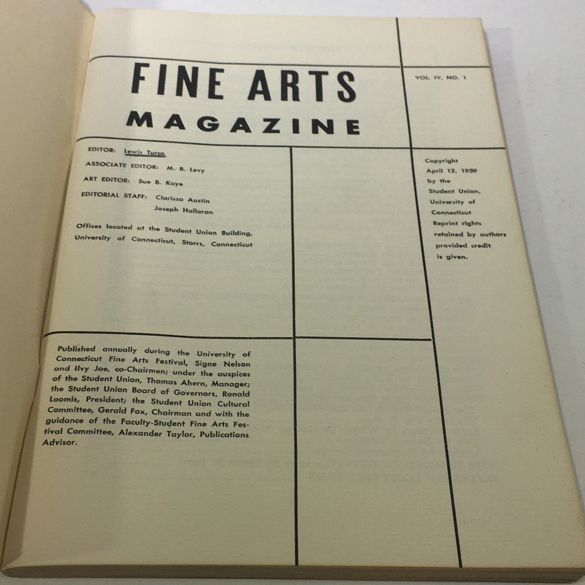 Interior page of VTG Fine Arts Magazine 1959 featuring the editorial page with details of the magazine's editor and contributors.