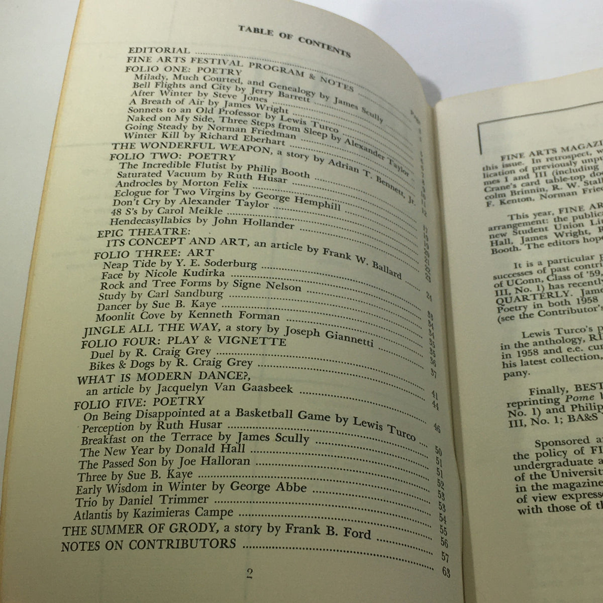 Table of contents from VTG Fine Arts Magazine 1959, listing articles and contributors including poetry, art, and vignettes.