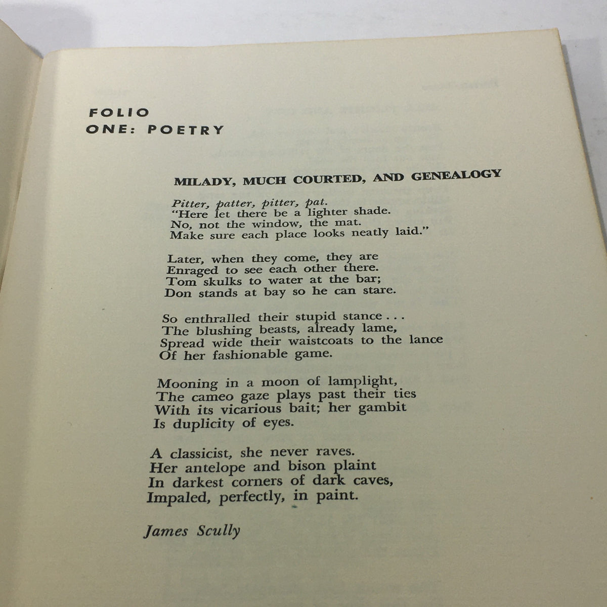 Page from VTG Fine Arts Magazine 1959 displaying a poem titled 'Milady, Much Court and Genealogy'.