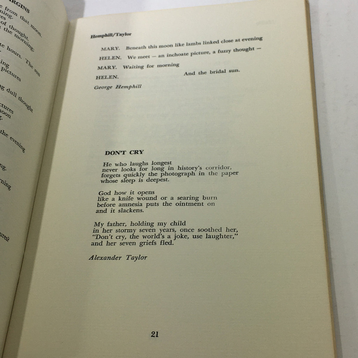 Poem page from VTG Fine Arts Magazine 1959 featuring 'Don't Cry' by Alexander Taylor, highlighting the literary contributions within.