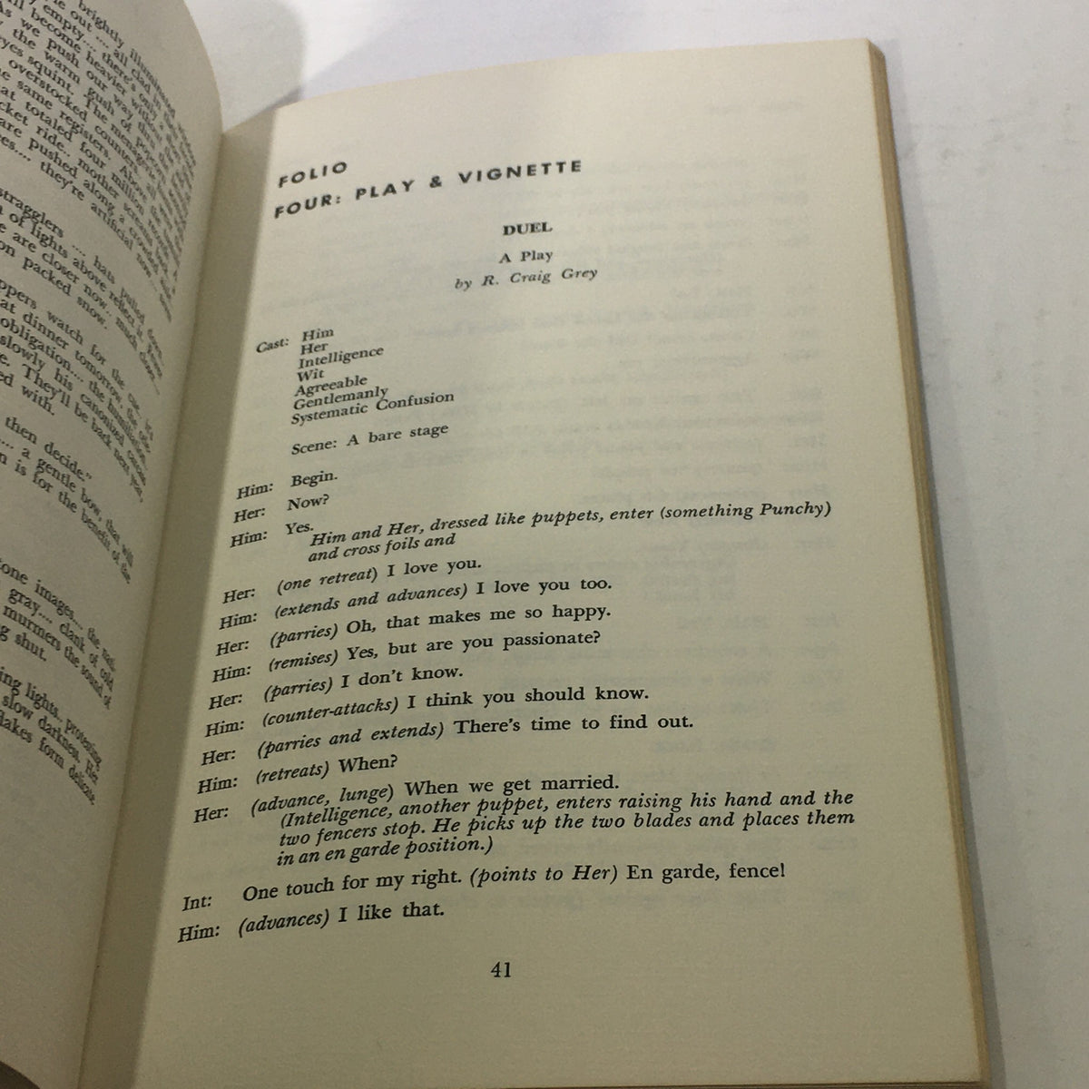 Interior page from VTG Fine Arts Magazine 1959 featuring a play titled 'Duel' by R. Craig Grey. The page displays dialogue between characters in an engaging format.