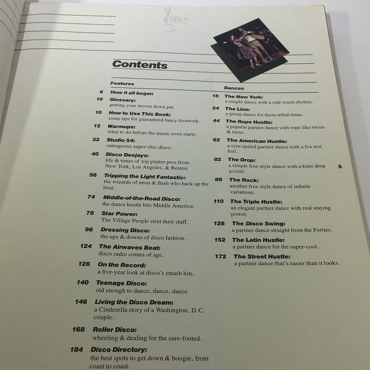 Contents page of VTG Dancing Disco Charts Guide Catalog: 1979 by WGBH Educational Foundation featuring sections on dancing styles, history, and disco culture.