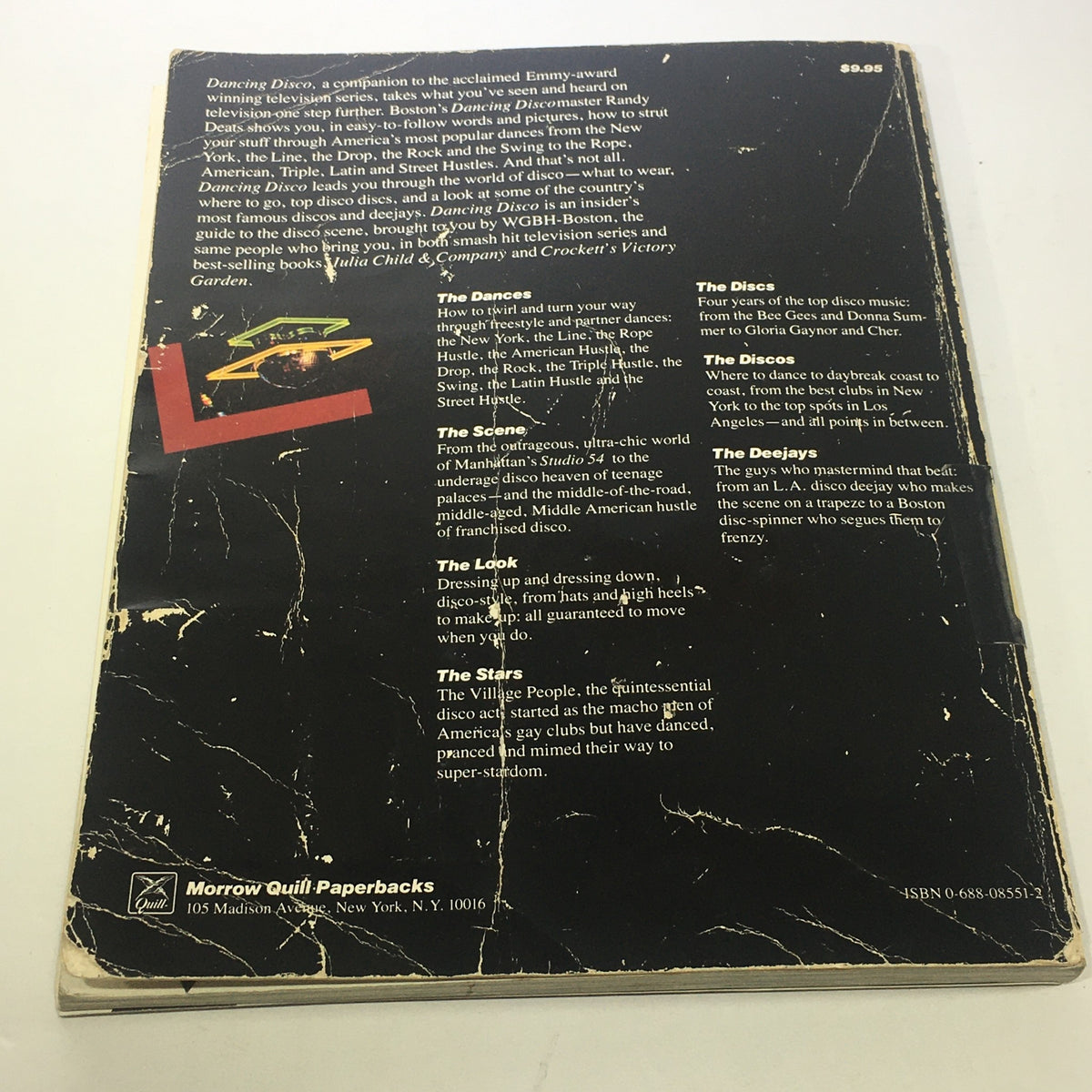 Back cover of VTG Dancing Disco Charts Guide Catalog: 1979 by WGBH Educational Foundation showcasing details about disco dancing, the scene, and notable figures in disco culture.
