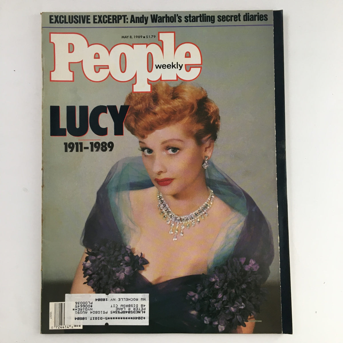 People Weekly Magazine May 8 1989 featuring Lucille Ball 1911-1989 on the cover, showcasing her elegant look with a stunning necklace and floral attire, celebrating her legacy alongside Andy Warhol.