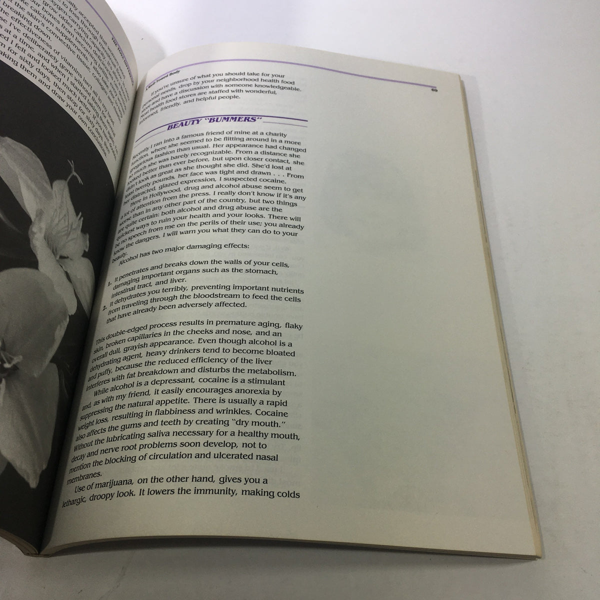 Inside page from 'The Tova Difference by Tova Borgninne: 1984 - A Promise of Lasting Beauty' discussing the negative effects of alcohol and drugs on beauty and health.