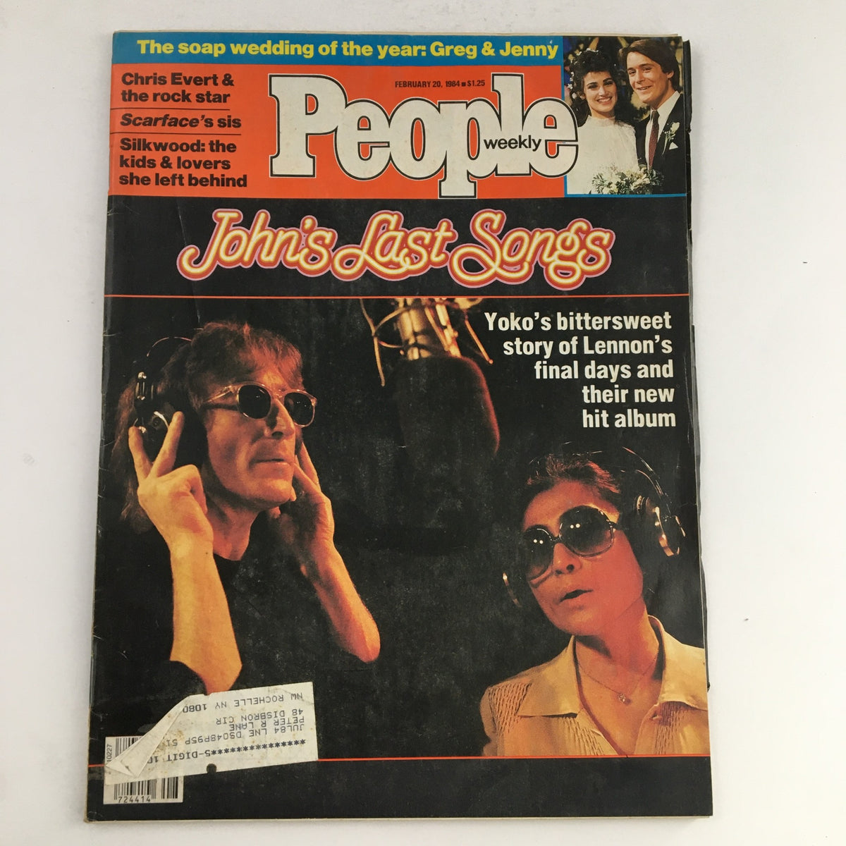 Cover of People Weekly Magazine February 20, 1984, featuring a special on Yoko Ono and John Lennon's last songs. The cover highlights their bittersweet story and new hit album, showcasing a photograph of John Lennon and Yoko Ono while recording.