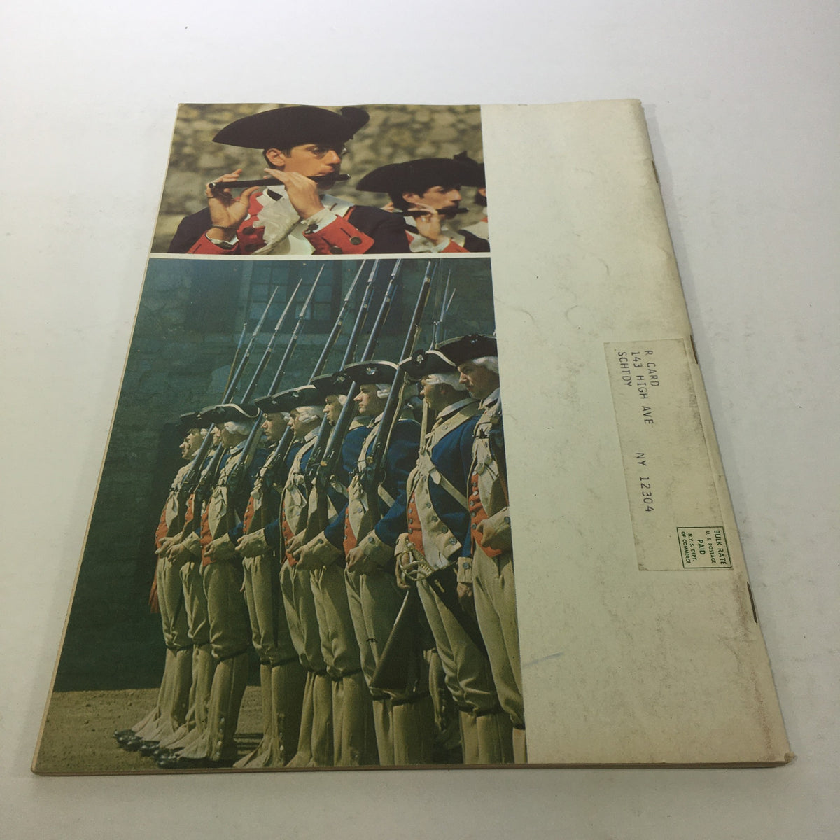 Back cover of VTG Vacationlands New York State Bicentennial Edition 1976 displaying historical imagery and an address label.