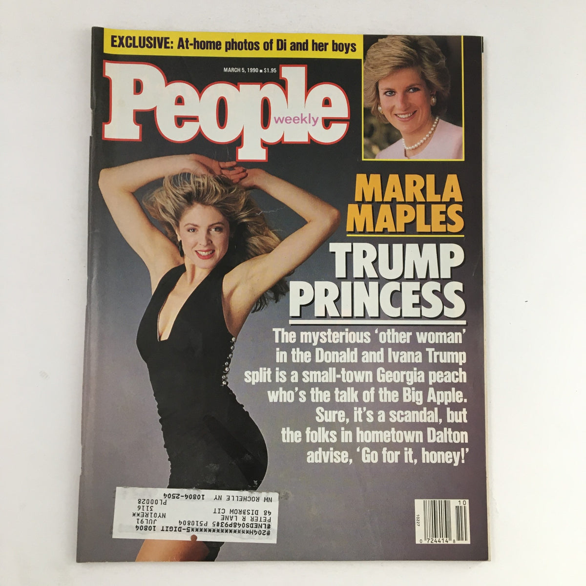 Vintage People Weekly Magazine March 5 1990 featuring Marla Maples as 'Trump Princess' with a cover photograph of Princess Diana, highlighting celebrity culture and social dynamics of the time.