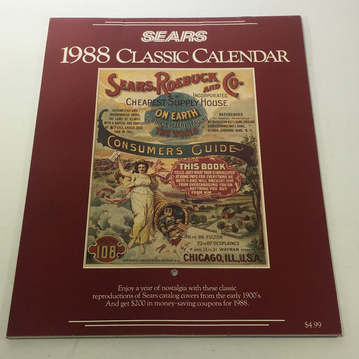VTG Sears 1988 Classic Calendar Consumer Guide featuring a vintage cover design with illustrations and information about Sears Roebuck and Co. Enjoy nostalgia with this collector's item, which captures the essence of 1988 and offers money-saving coupons.