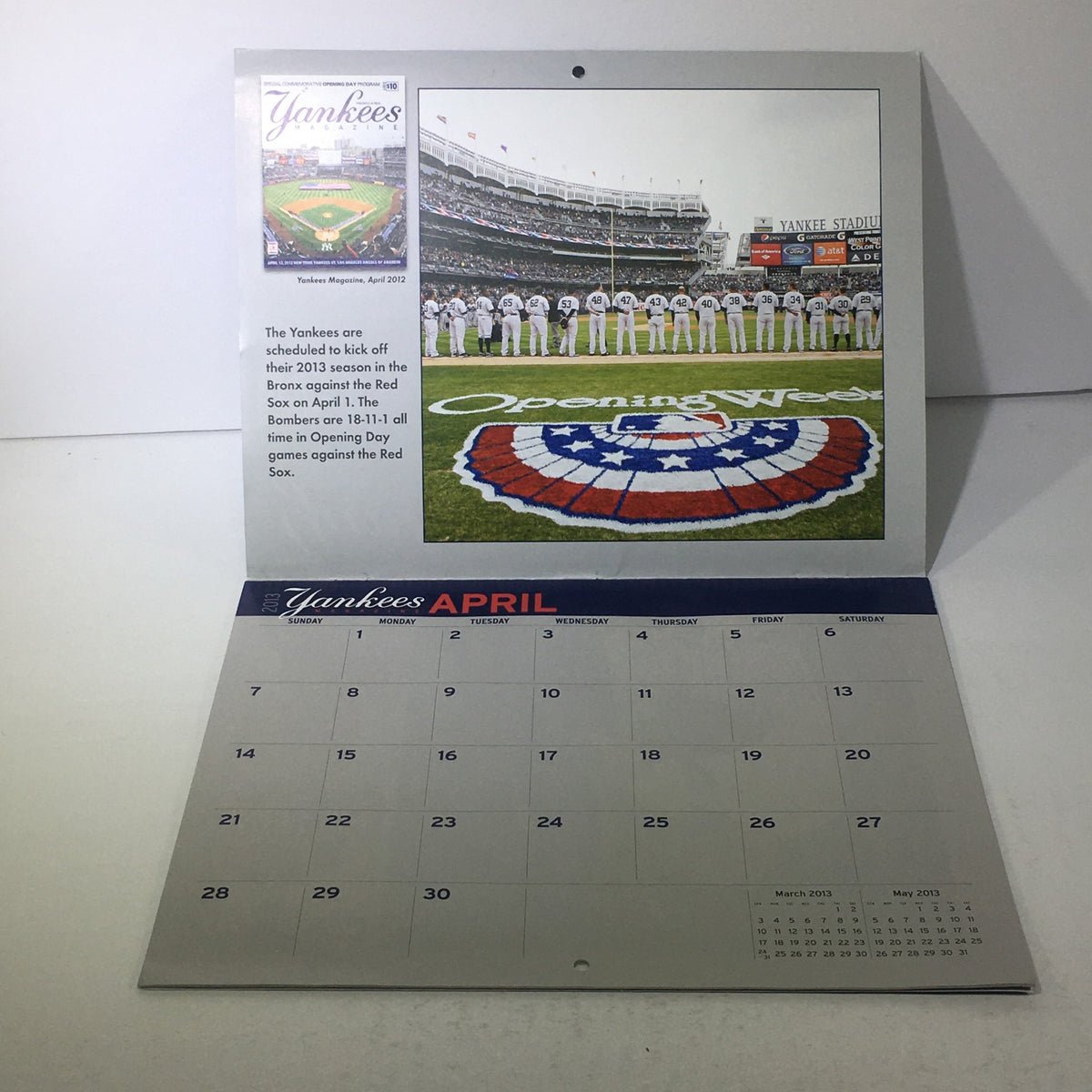Inside page of the VTG 2013-2014 Yankees Magazine Calendar for April, showcasing Yankees opening season details at Yankee Stadium.