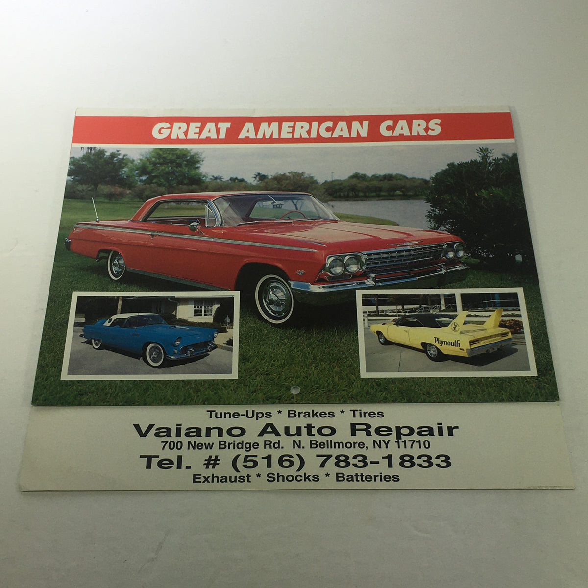 Vintage 1999 Great American Cars Vaiano Auto Repair Calendar featuring a classic red car on the front cover, along with images of a blue and a yellow vehicle, highlighting auto repair services.