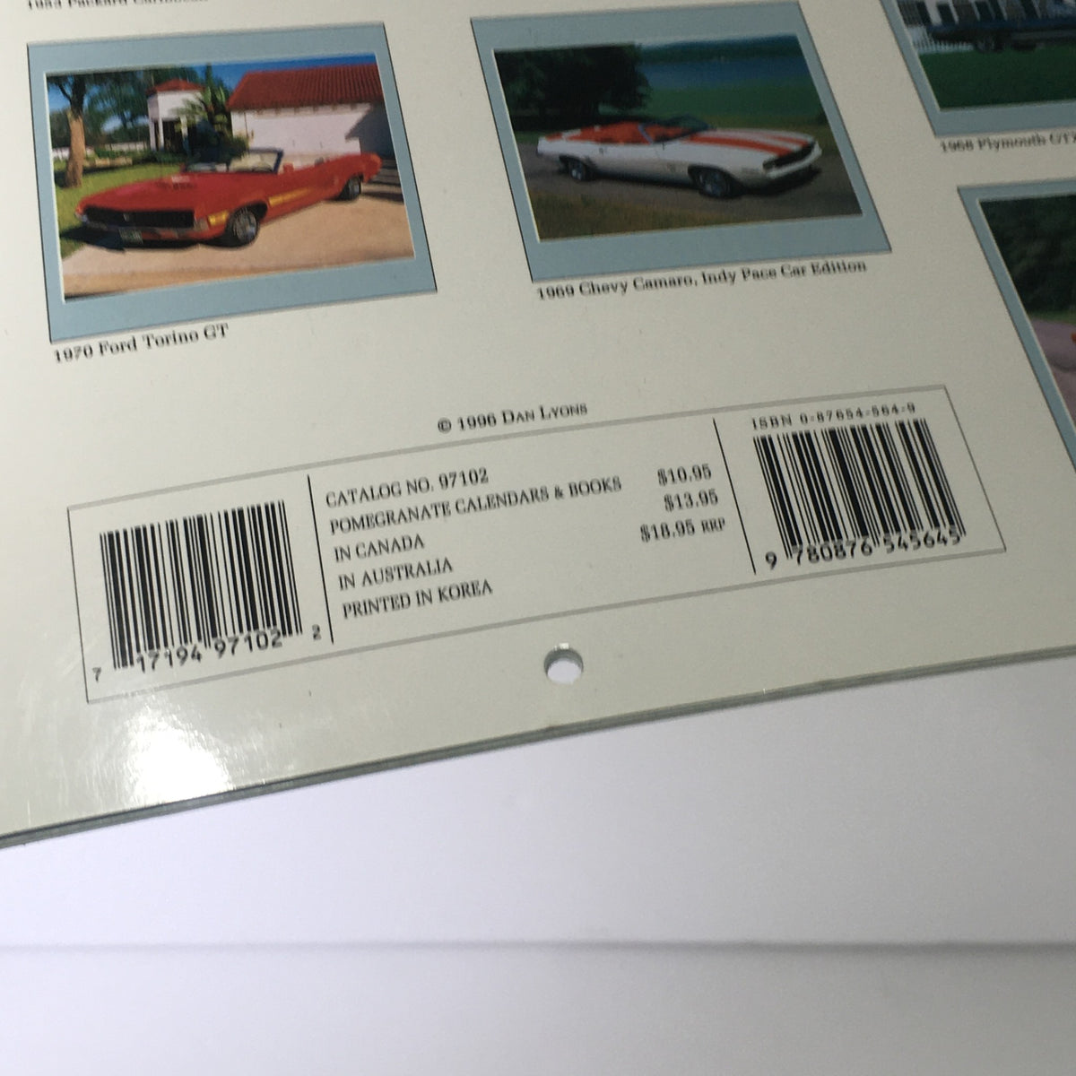 Detailed information on the back of VTG 1997 Cool Breeze Classic American Convertibles Calendar including pricing and printing details.
