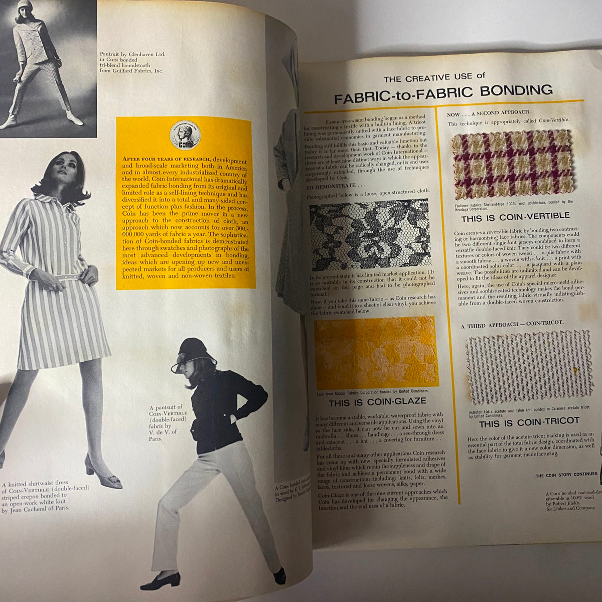 Section of the 1967 American Fabric No. 75 Spring Catalog featuring innovative fabric bonding techniques and colorful fabric samples relevant to mid-century fashion.