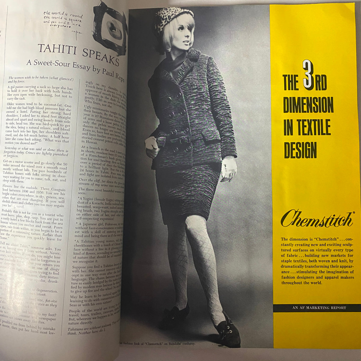 Fashion-oriented page from the 1967 American Fabric No. 75 Spring Catalog illustrating textile marketing and design concepts, paired with fashionable model imagery.