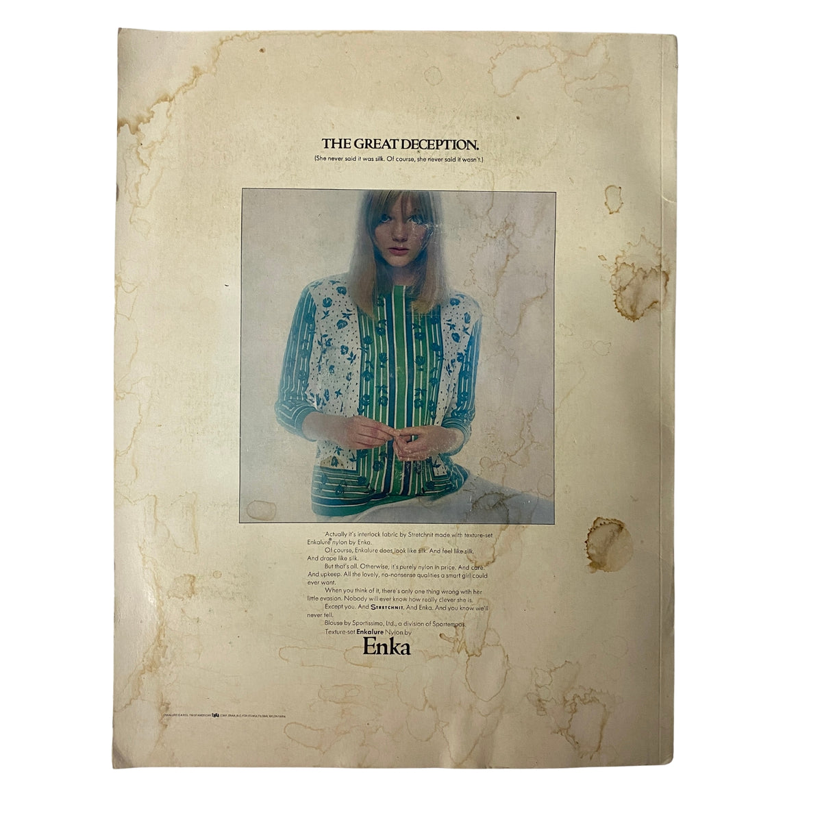 Cover page of the 1967 American Fabric No. 75 Spring Catalog presenting an advertisement highlighting textile capabilities with an image of a model showcasing fabric design.