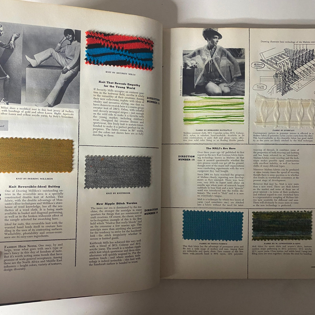 Another page from the 1967 American Fabrics Spring Catalog featuring fabric swatches and fashion illustrations with design instructions.