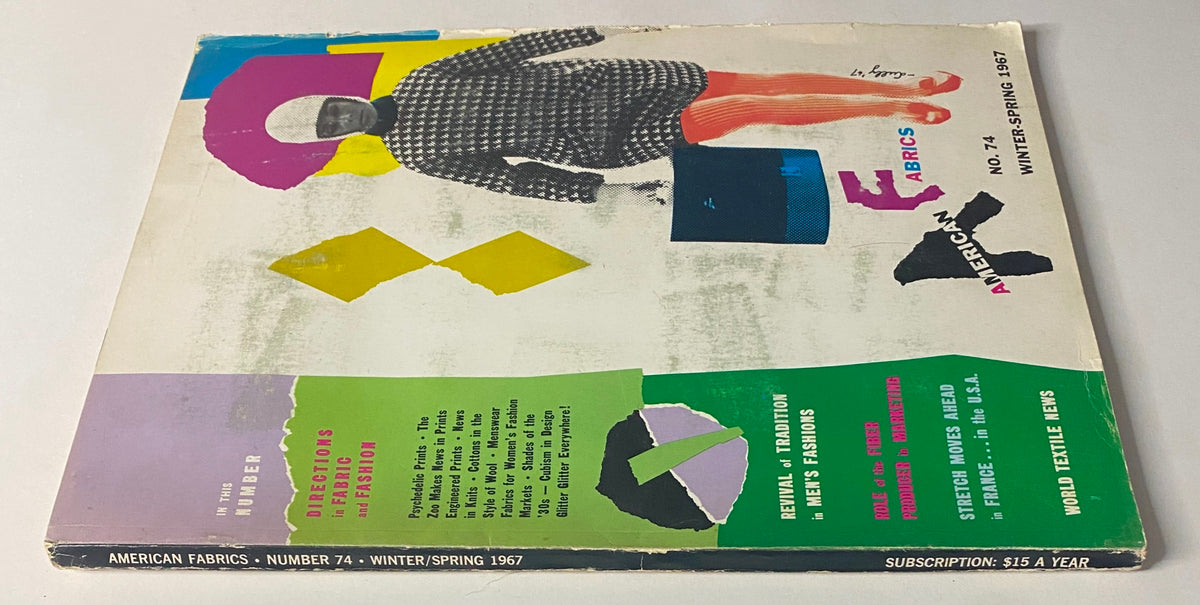 Back cover of the 1967 American Fabrics No. 74 Winter-Spring Catalog featuring a fashionable model and informative text on fabric trends, emphasizing the catalog's relevance in textile marketing and design.