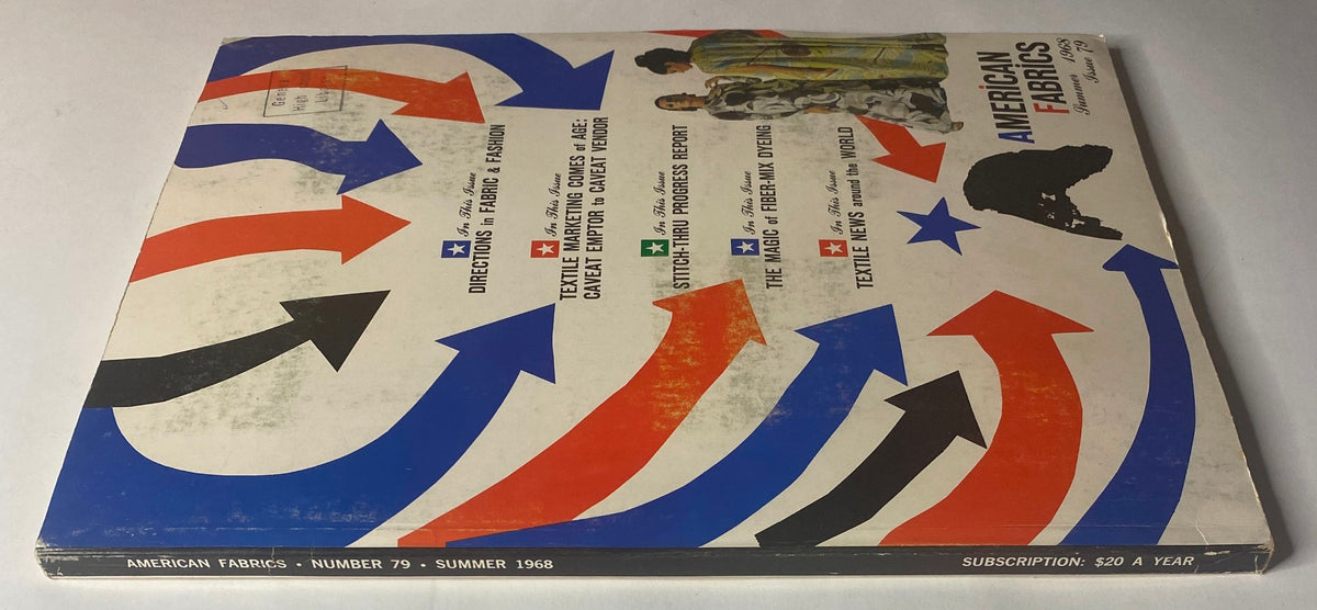 Cover of the 1968 American Fabrics No. 79 Summer Catalog featuring vibrant arrows and fashion imagery, showcasing textile samples and fashion design trends.