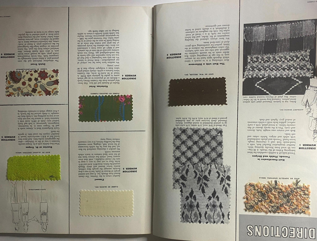 Interior page of the 1968 American Fabrics No. 79 Summer Catalog displaying a variety of textile samples with intricate patterns and textures curated for fashion designers.