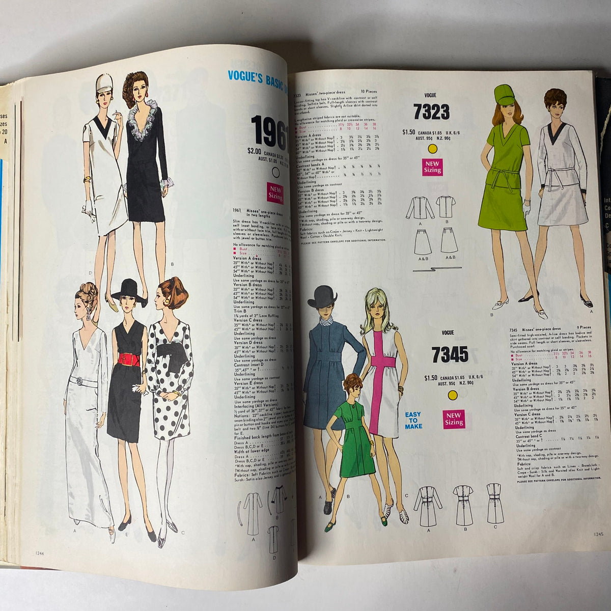 Fashion illustration within the 1969 Vogue Patterns July Catalog showing various dress designs, including a long-sleeved black dress with feather trim, exemplifying classic styles of the period.