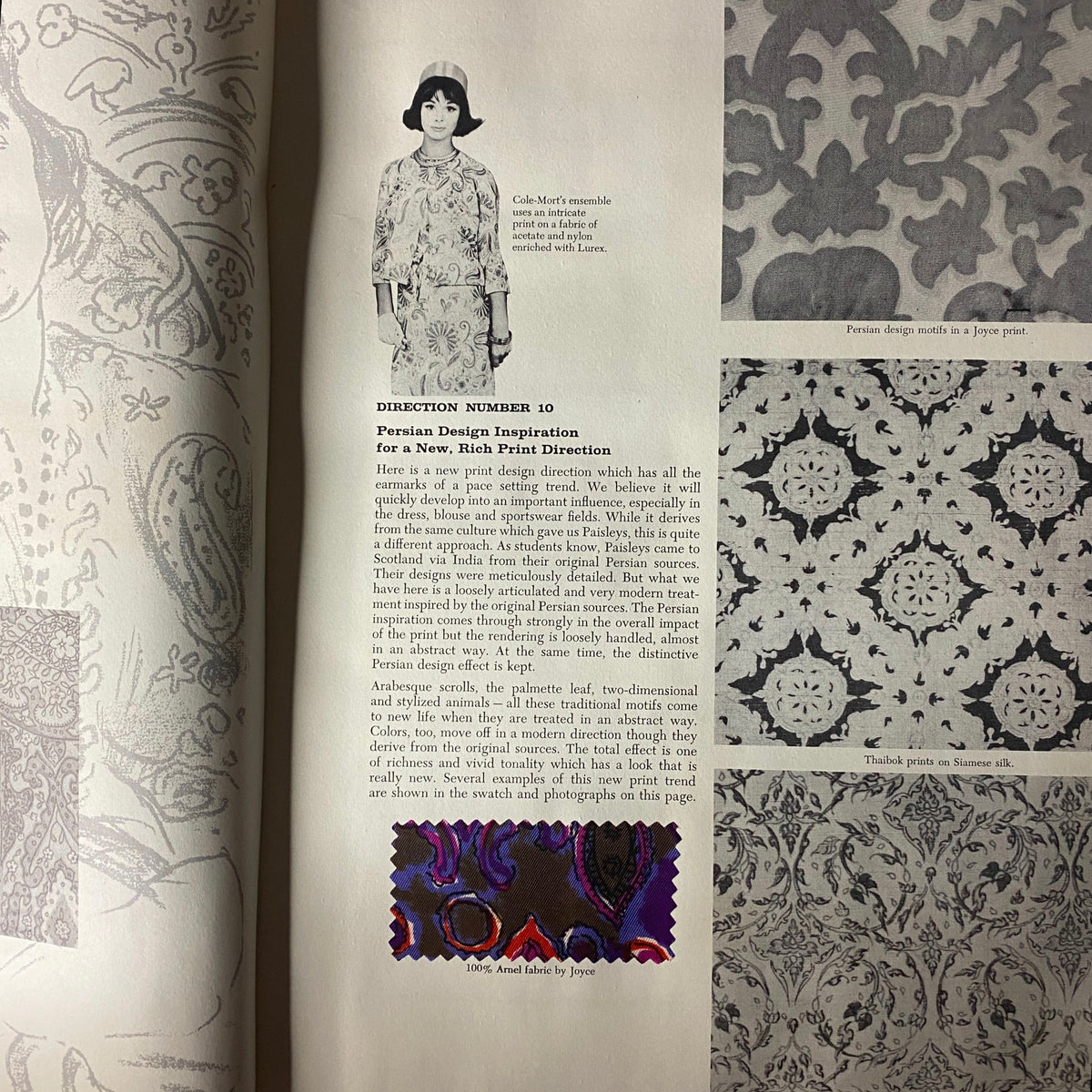 Page from the 1961-1962 American Fabrics Winter Catalog showcasing Persian design inspiration, featuring fashion illustrations and fabric patterns reflecting mid-century textile trends.