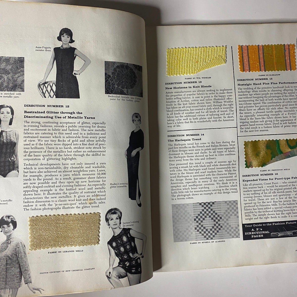 Content from the 1961-1962 American Fabrics Winter Catalog discussing trends in fabric design, including sections on metallic yarns and contemporary fashion influences.
