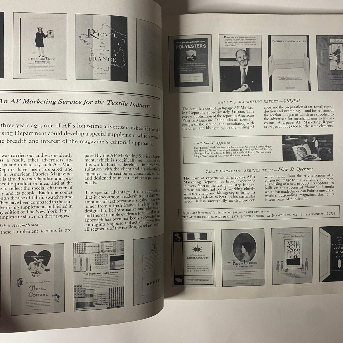 Marketing service page from the 1961-1962 American Fabrics Winter Catalog illustrating advertising strategies for the textile industry and promotional materials for brands.