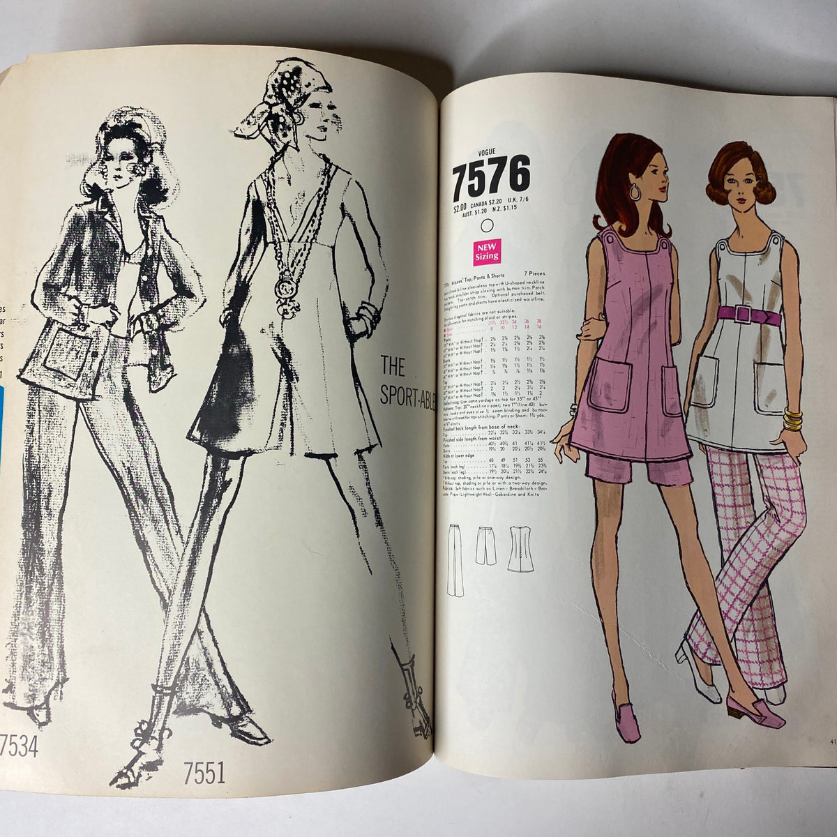 1969 Vogue Patterns July Catalog displaying Vogue design 7576, illustrating sketch and photos of sport-inspired outfits including pants and tunics.