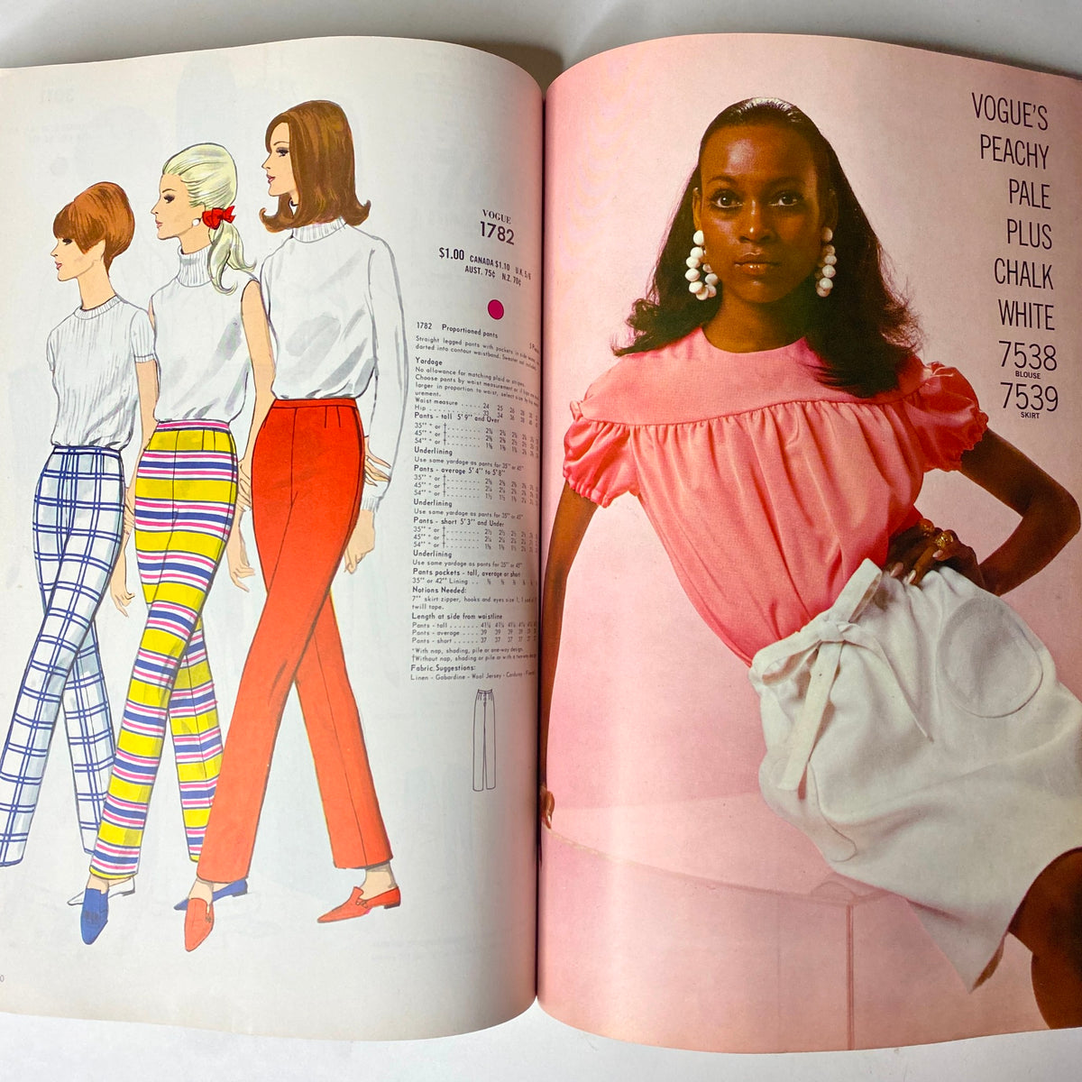 1969 Vogue Patterns July Catalog highlighting Vogue design 1782 showcasing colorful trousers in different patterns next to a model in a vibrant pink top.