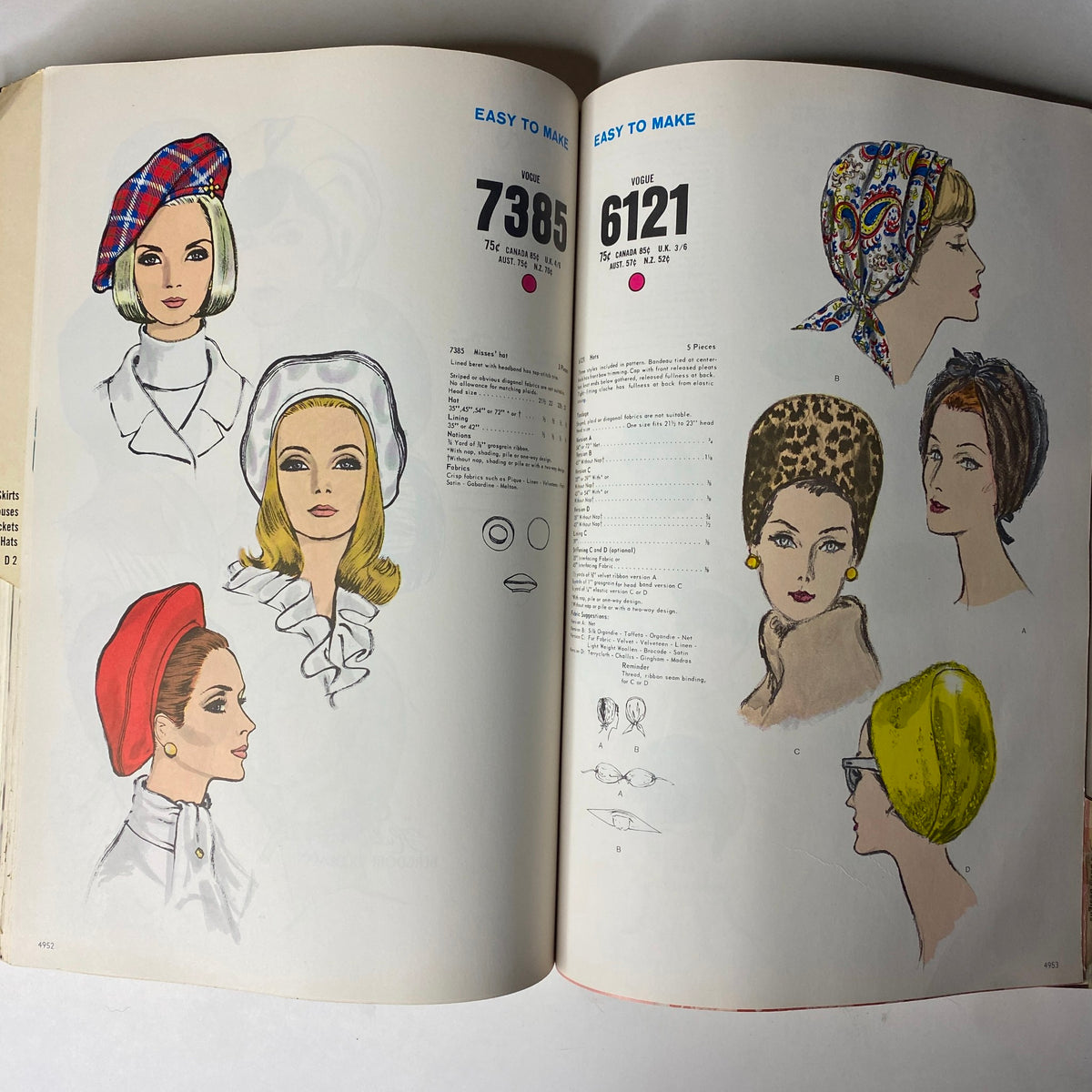 1969 Vogue Patterns July Catalog featuring illustrated designs of hats and headwear from Vogue designs 7385 and 6121, with elegant sketches of models wearing various styles.