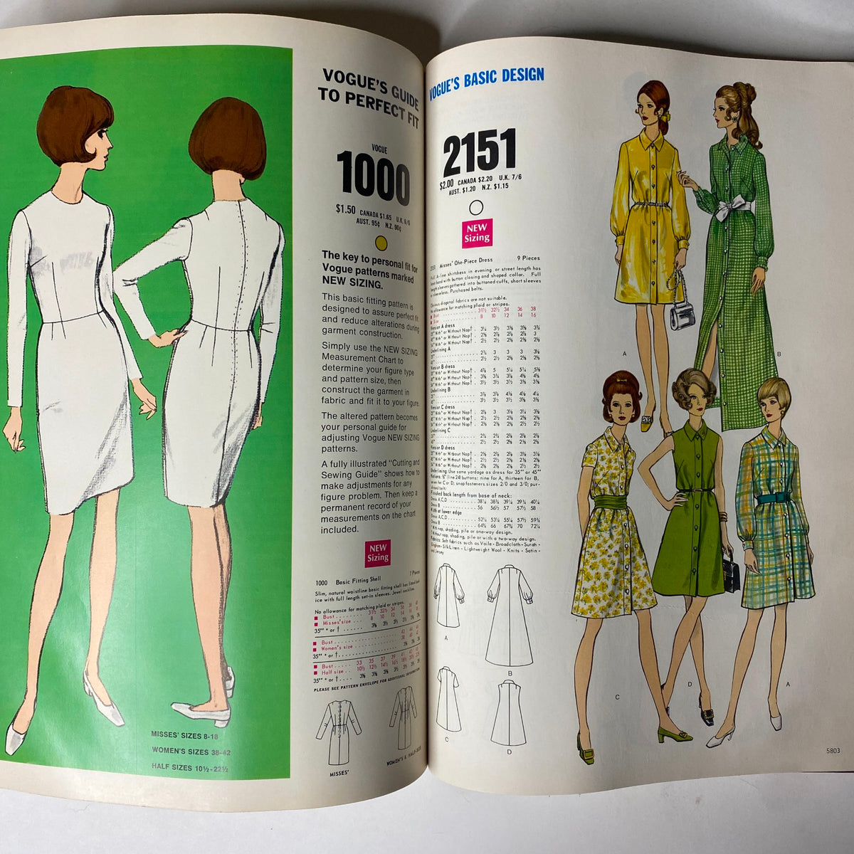 1969 Vogue Patterns July Catalog featuring Vogue's guide to perfect fit and basic design patterns for stylish dresses. Includes illustrations for sizes and styling options.