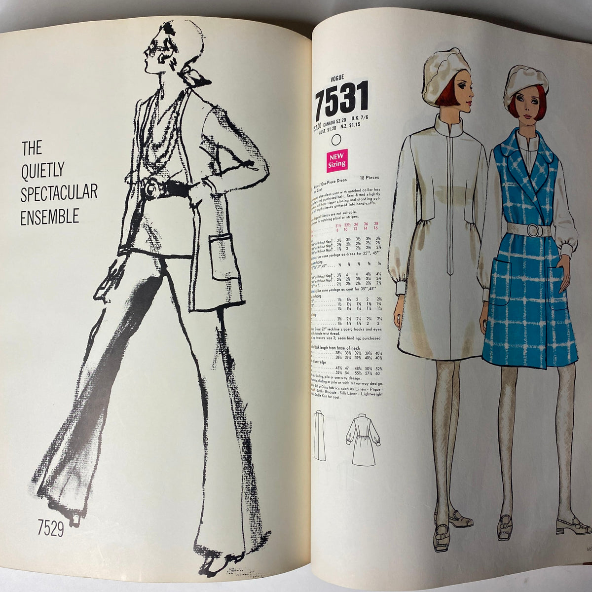 1969 Vogue Patterns July Catalog showcasing the quietly spectacular ensemble and classic dress patterns, emphasizing new sizing options with elegant designs.