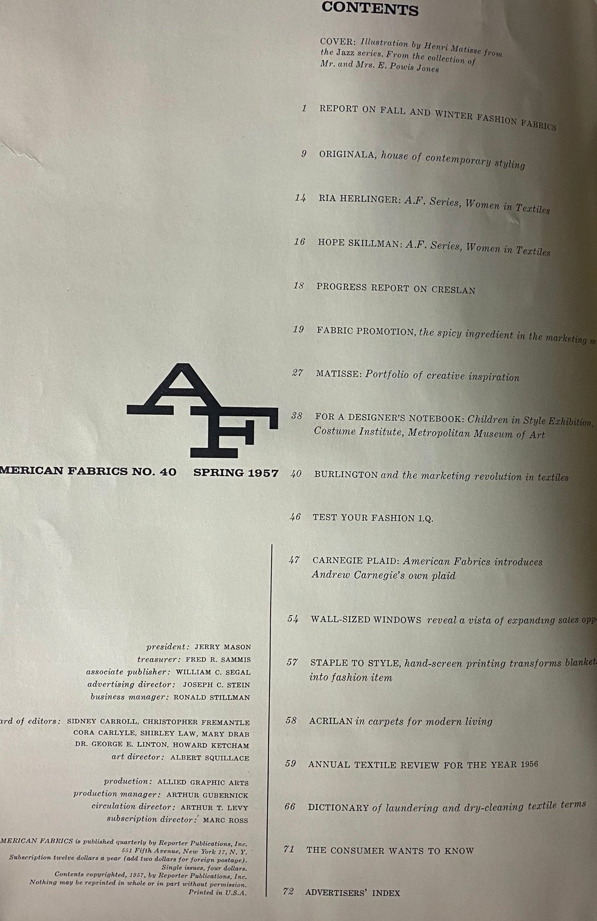 Table of contents of the 1957 American Fabrics Spring Catalog including features on fashion fabrics and women in textiles.