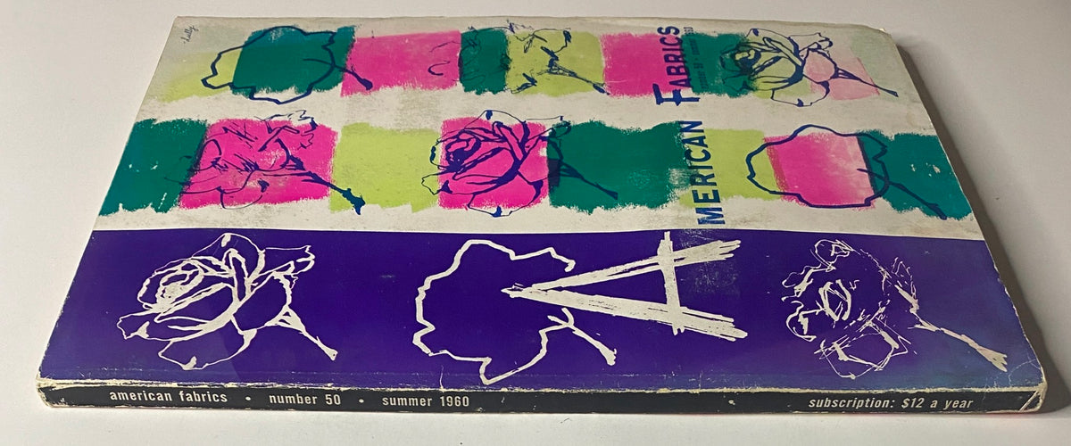 Side view of the 1960 American Fabrics No. 50 Summer Catalog displaying colorful roses and abstract patterns, highlighting the essence of summer fashion trends.