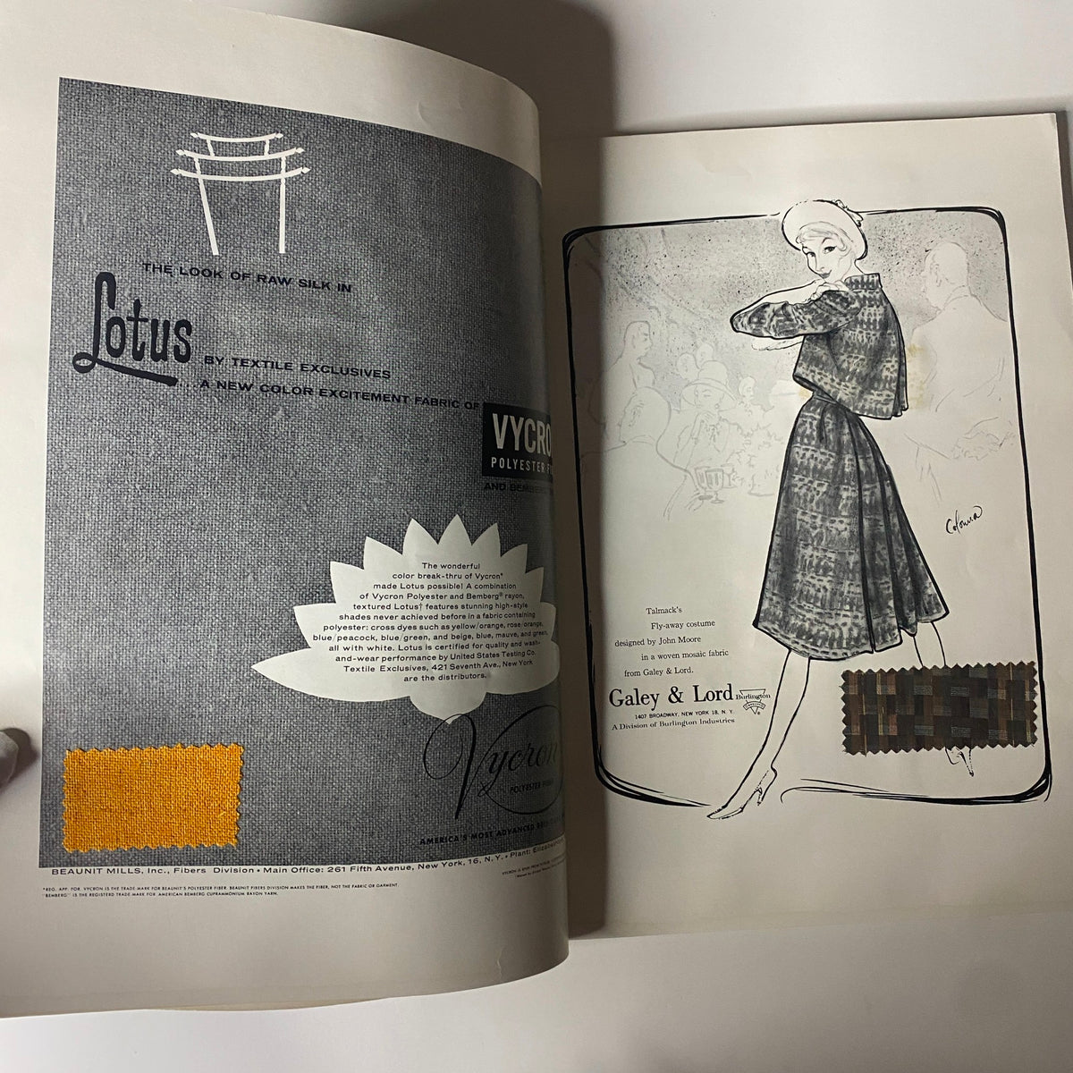 Full-page advertisement from the 1960 American Fabrics No. 50 Summer Catalog featuring a textile design titled 'Lotus' with a fabric sample, depicting the elegance of mid-century fashion.