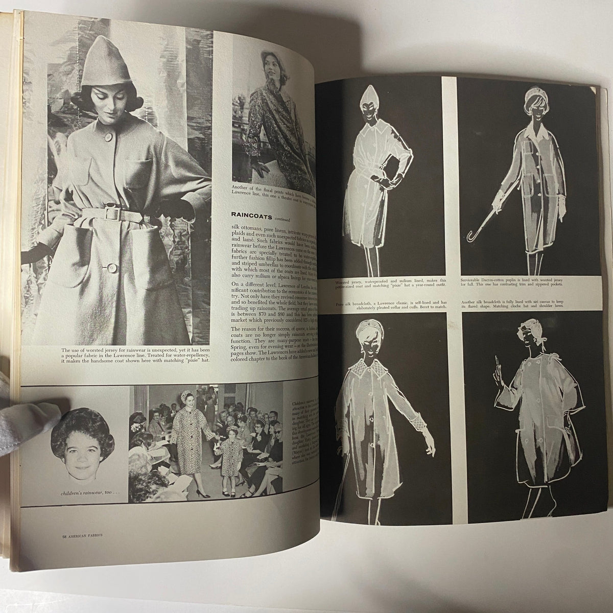 Fashion illustrations and photographs from the 1960 American Fabrics No. 50 Summer Catalog, featuring models in stylish raincoats, representing mid-century design trends.