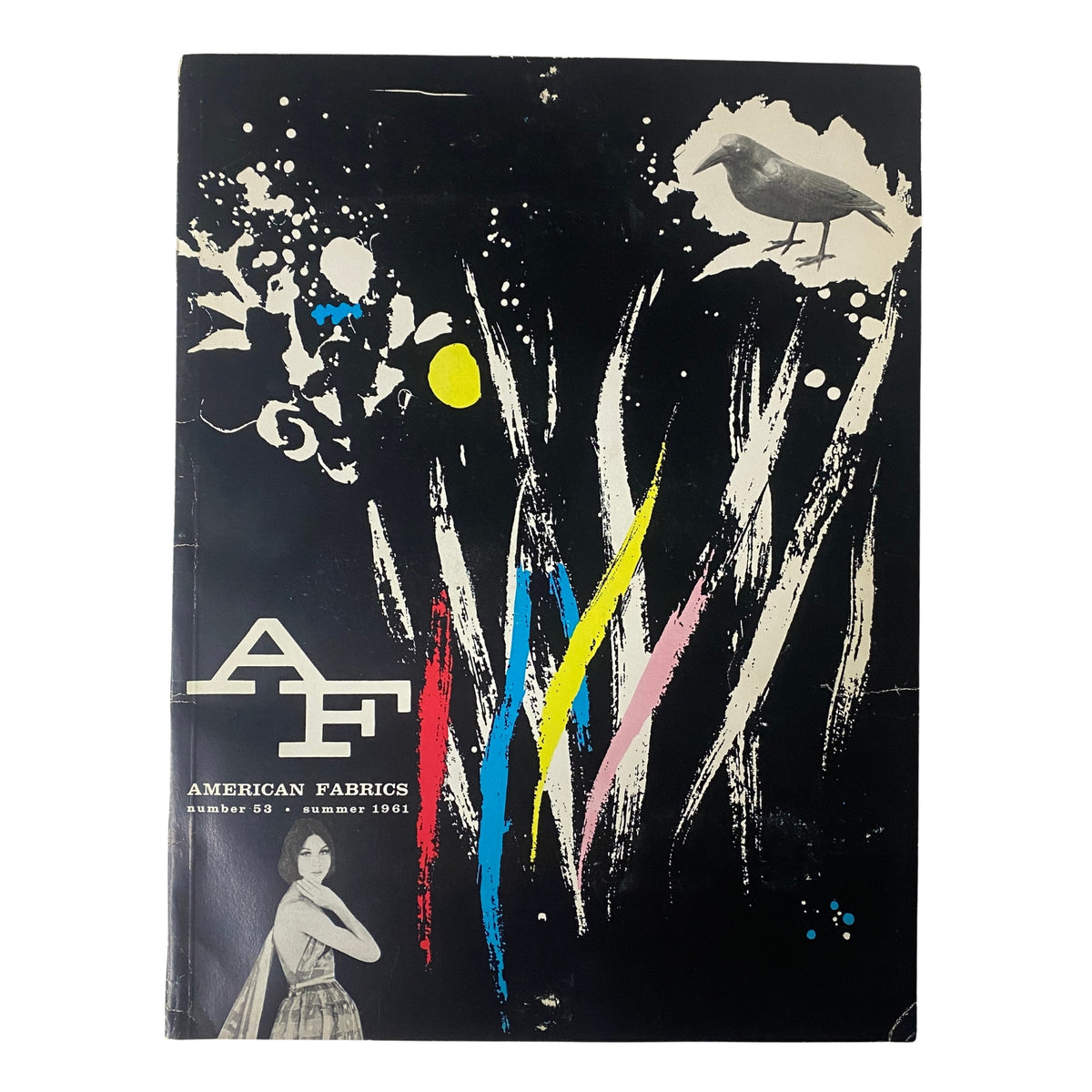 Cover of the 1961 American Fabrics No. 53 Summer Catalog featuring vibrant artistic design and bold colors with a model and bird illustration.