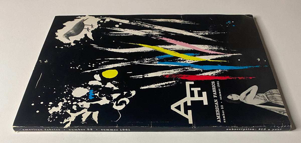 Side view of the 1961 American Fabrics No. 53 Summer Catalog showcasing the artistic cover design with a subscription price noted.
