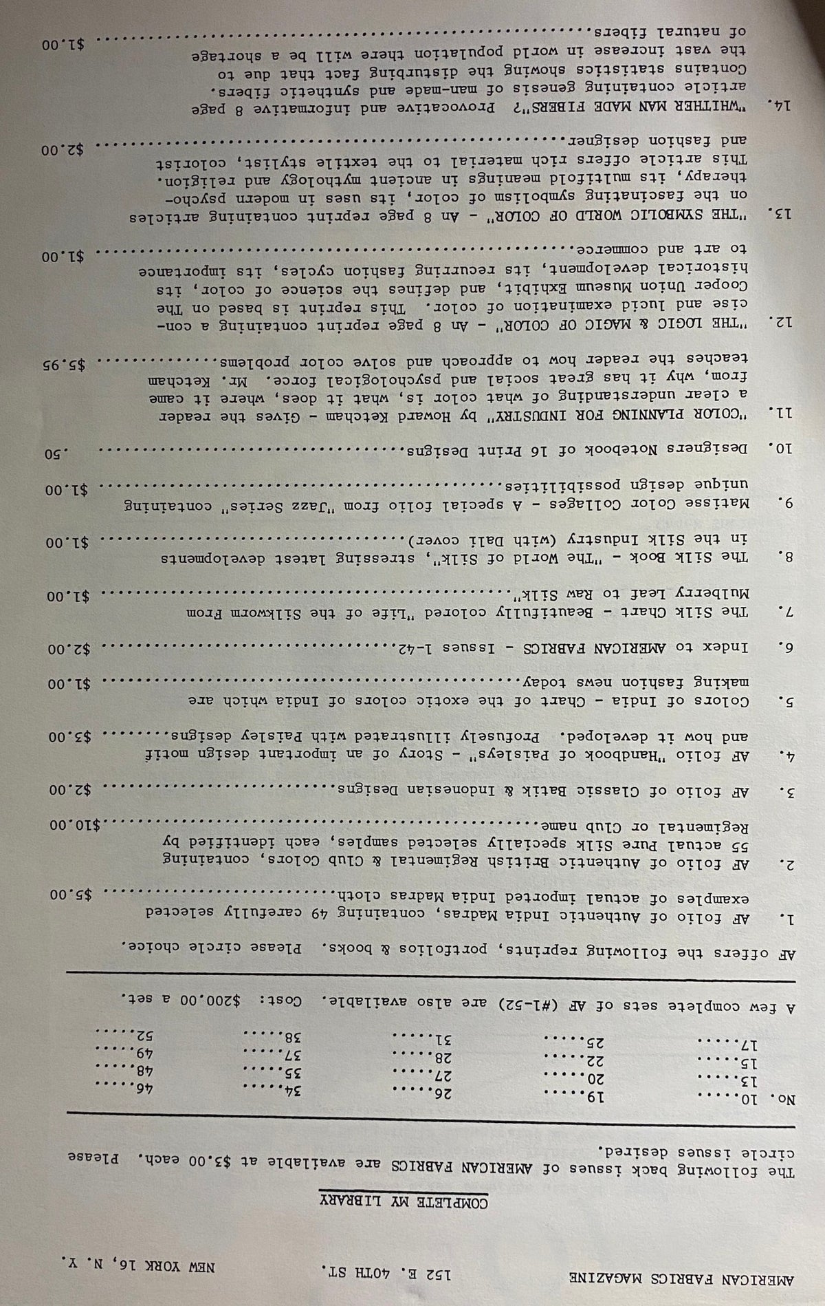 Interior page from the 1961 American Fabrics No. 53 Summer Catalog displaying a list of textile items and pricing.
