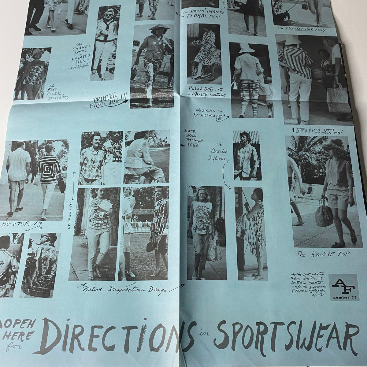 Fold-out page from the 1961 American Fabrics No. 53 Summer Catalog featuring fashion styles and trends in sportswear.